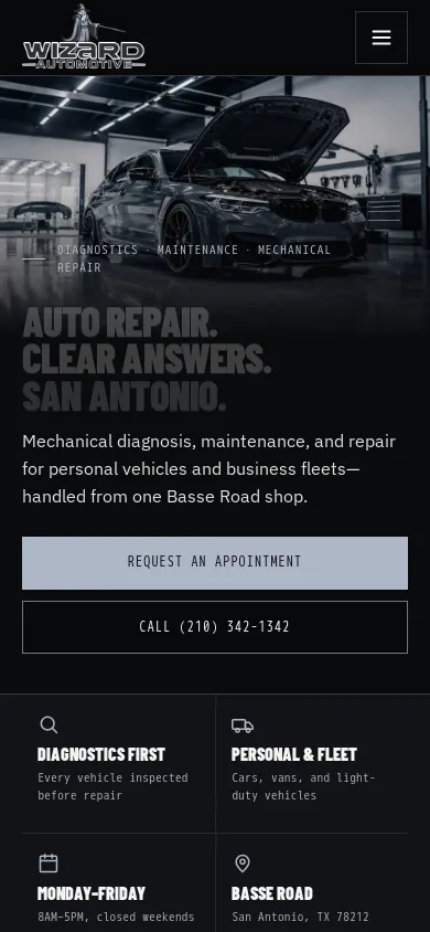 Wizard Automotive homepage on a phone
