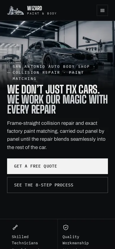 Wizard Paint & Body homepage on a phone
