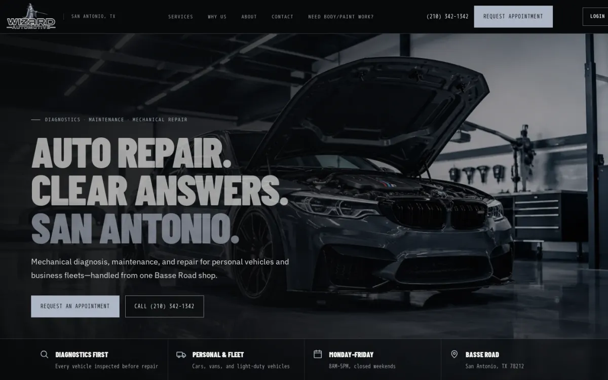 Wizard Automotive homepage on a desktop screen