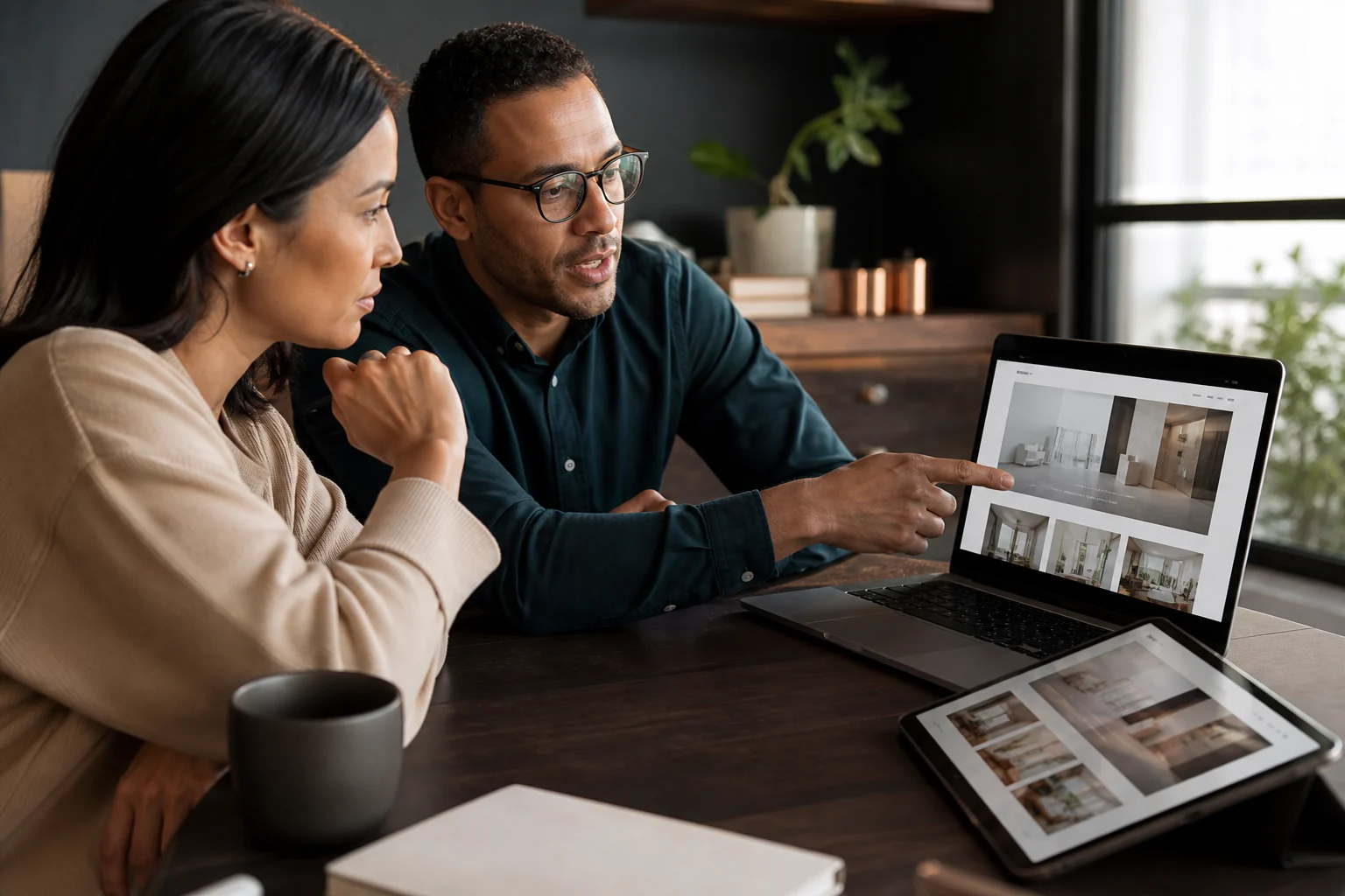 A business owner and web strategist reviewing a new responsive website together